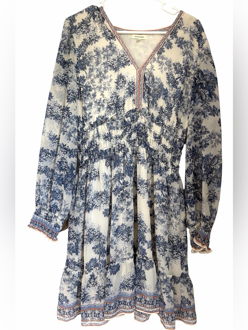 Max Studio Lined Sheer Blue Tiered Ruffle Sheer Balloon Sleeve Dress XL EUC